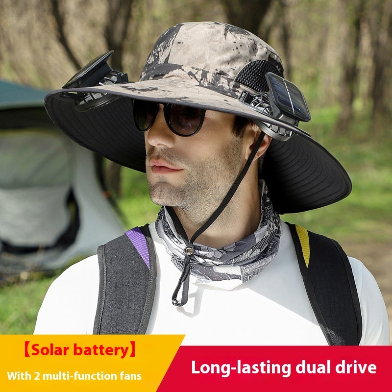 Outdoor Essentials Solar-Powered Wide Brim Fishing Hat with Adjustable Fit & USB Charging