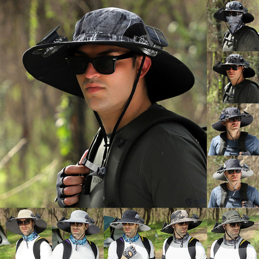 Outdoor Essentials Solar-Powered Wide Brim Fishing Hat with Adjustable Fit & USB Charging