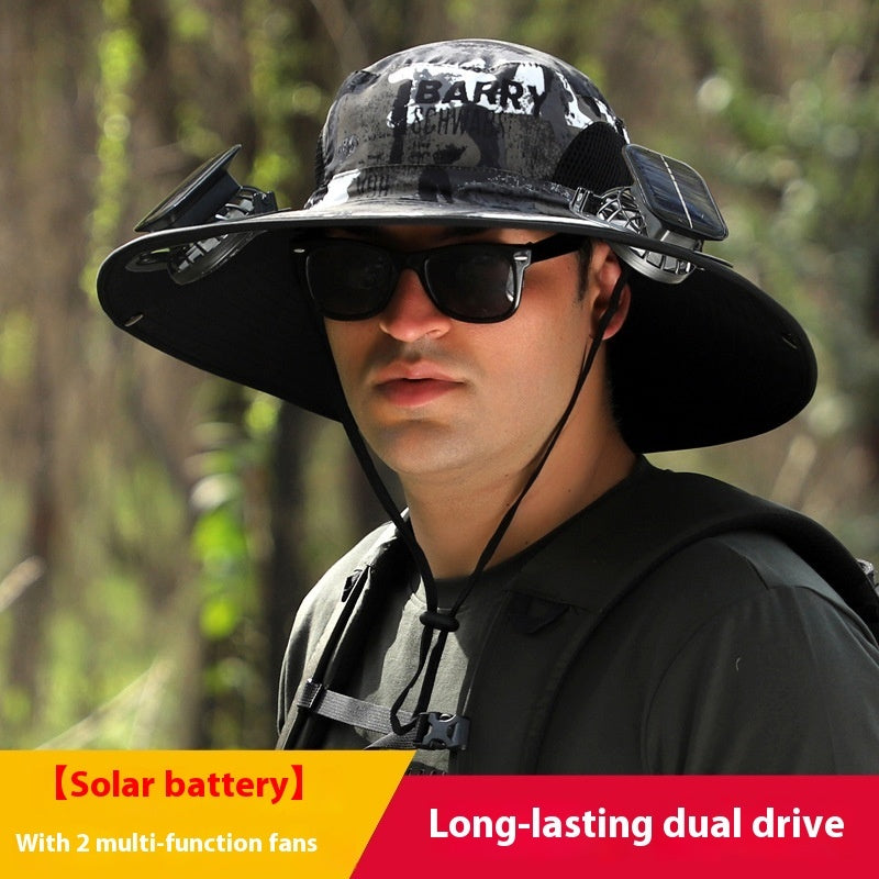 Outdoor Essentials Solar-Powered Wide Brim Fishing Hat with Adjustable Fit & USB Charging