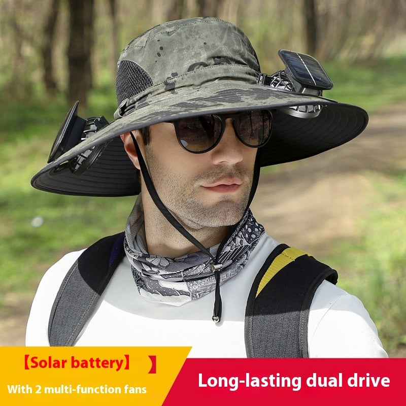 Outdoor Essentials Solar-Powered Wide Brim Fishing Hat with Adjustable Fit & USB Charging