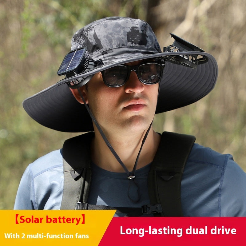 Outdoor Essentials Solar-Powered Wide Brim Fishing Hat with Adjustable Fit & USB Charging
